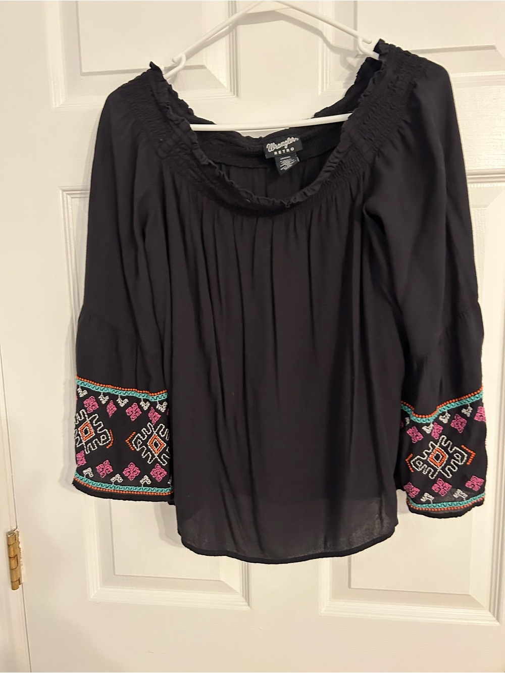 Wrangler Black Peasant Blouse with Colorful Embroidered Sleeves